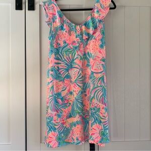Lilly Pulitzer Tropical Floral Ruffle Tank Dress Size M Pima Cotton